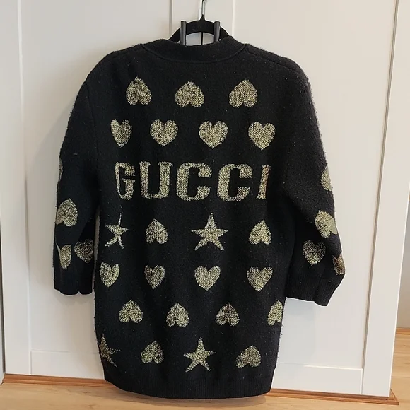 GUCCI - Authentic Black Knit Cardigan Jacket with Gold Heart and Star Accents - Picture 4 of 8